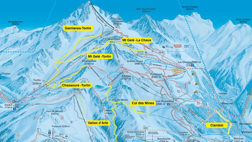 Plan des itinéraires freeride sur Verbier 4Vallées